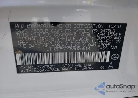 2011 Lexus Is 350 из США, поврежденный, VIN JTHBE5C20B5025814